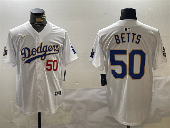 Men's Los Angeles Dodgers #50 Mookie Betts White Gold 2024 World Series Home Limited Stitched Baseball Jersey