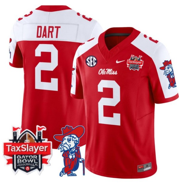 Men's Nike Jaxson Dart Jersey #2 Ole Miss Rebels 2024 Gator Bowl Patch FUSE Vapor Limited Stitched NCAA Football V2 Red Alternate