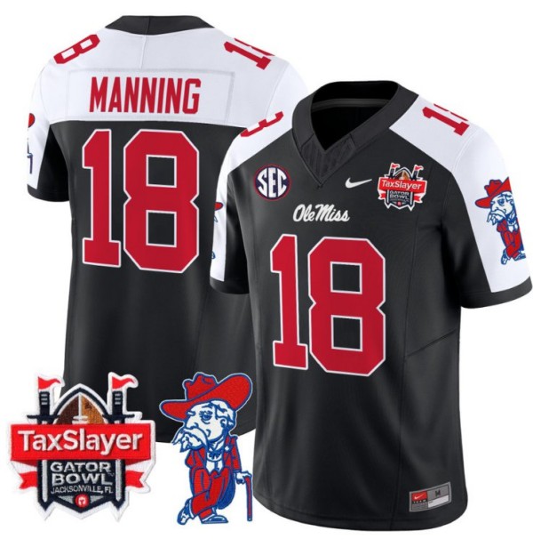 Men's Nike Archie Manning Jersey #18 Ole Miss Rebels 2024 Gator Bowl Patch FUSE Vapor Limited Stitched NCAA Football V2 Black Alternate