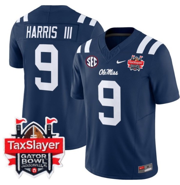 Men's Nike Tre Harris Jersey #9 Ole Miss Rebels 2024 Gator Bowl Patch FUSE Vapor Limited Stitched NCAA Football V2 Navy