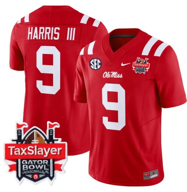 Men's Nike Tre Harris Jersey #9 Ole Miss Rebels 2024 Gator Bowl Patch FUSE Vapor Limited Stitched NCAA Football V2 Red