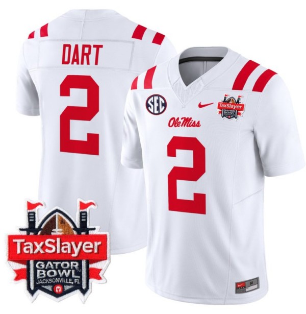 Men's Nike Jaxson Dart Jersey #2 Ole Miss Rebels 2024 Gator Bowl Patch FUSE Vapor Limited Stitched NCAA Football V2 White