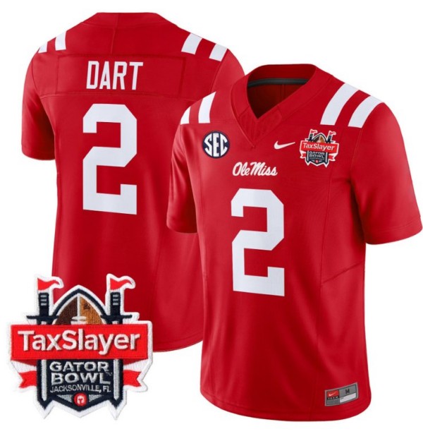 Men's Nike Jaxson Dart Jersey #2 Ole Miss Rebels 2024 Gator Bowl Patch FUSE Vapor Limited Stitched NCAA Football V2 Red