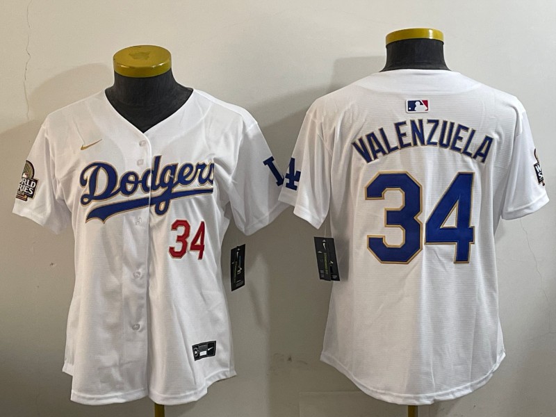 Women's Los Angeles Dodgers #34 Toro Valenzuela White Gold 2024 World Series Home Limited Stitched Baseball Jersey