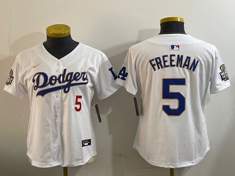 Women's Los Angeles Dodgers #5 Freddie Freeman White Gold 2024 World Series Home Limited Stitched Baseball Jersey