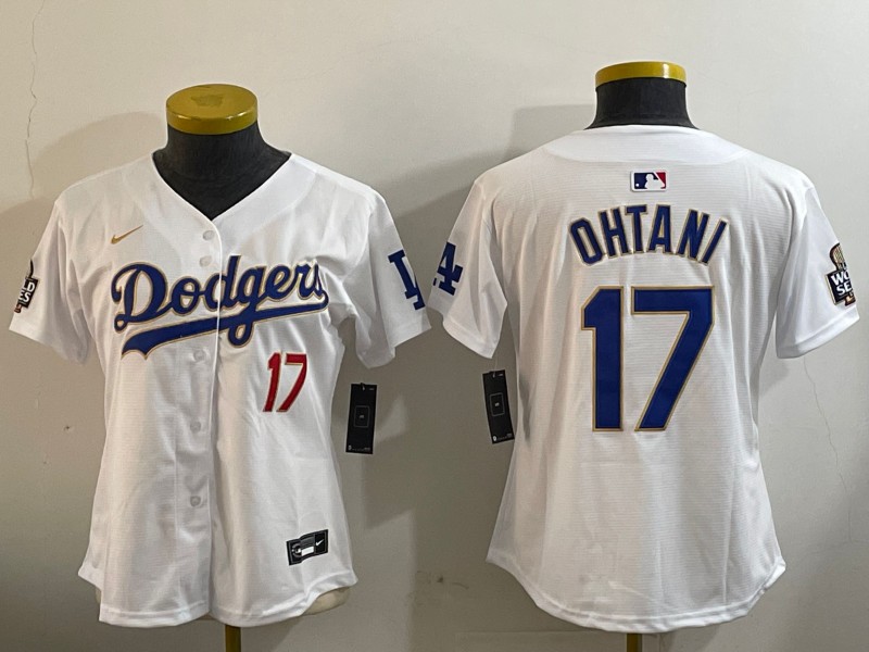 Women's Los Angeles Dodgers #17 Shohei Ohtani White Gold 2024 World Series Home Limited Stitched Baseball Jersey