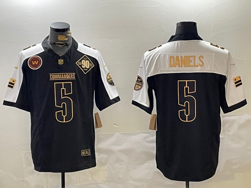 Men's Washington Commanders #5 Jayden Daniels Black Gold 2024 F.U.S.E. 90th Anniversary Vapor Limited Stitched Football Jerseys