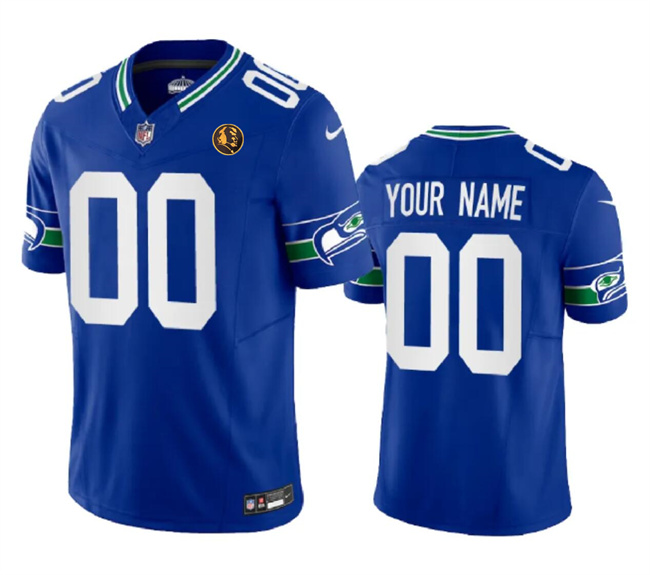 Men's Seattle Seahawks Customized Royal 2023 F.U.S.E. Throwback With John Madden Patch Vapor Limited Stitched Football Jersey