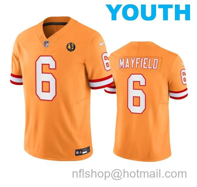 Youth Tampa Bay Buccaneers #6 Baker Mayfield Orange 2023 F.U.S.E. Throwback With John Madden Patch Vapor Limited Stitched Football Jersey