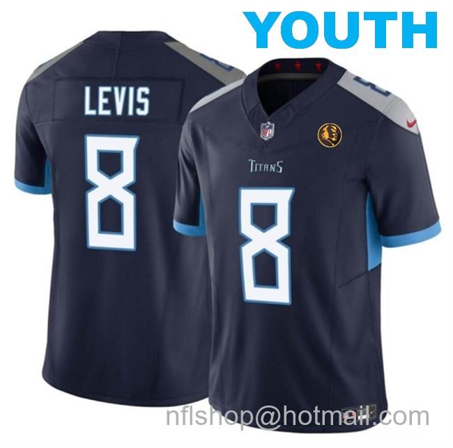 Youth Tennessee Titans #8 Will Levis Navy 2023 F.U.S.E. With John Madden Patch Vapor Limited Stitched Football Jersey