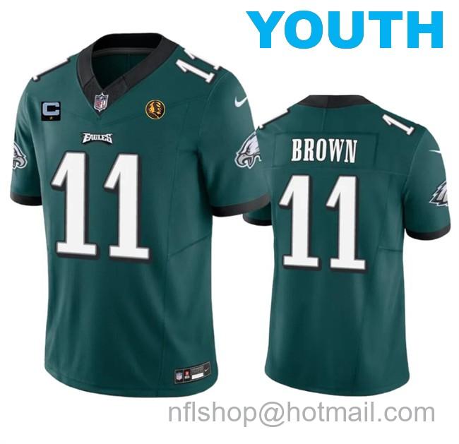 Youth Philadelphia Eagles #11 A. J. Brown Green 2023 F.U.S.E. With 1-Star C Patch And John Madden Patch Vapor Limited Stitched Football Jersey