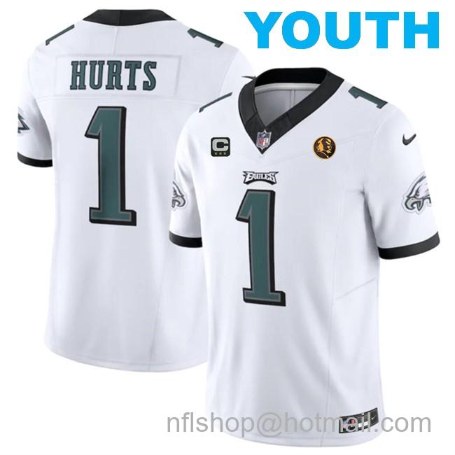 Youth Philadelphia Eagles #1 Jalen Hurts White 2023 F.U.S.E. With 3-Star C Patch And John Madden Patch Vapor Limited Stitched Football Jersey