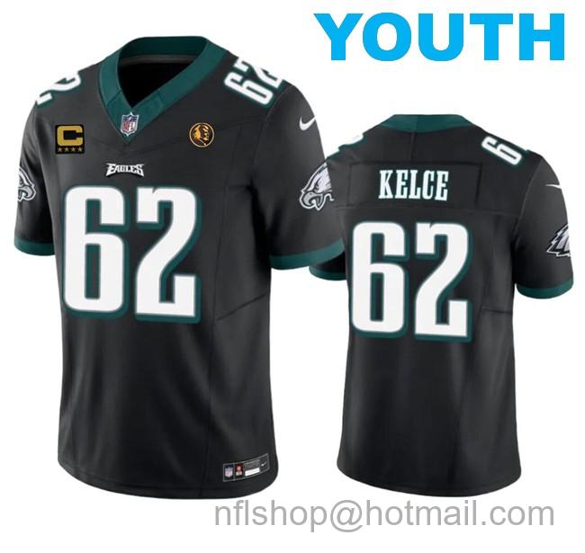 Youth Philadelphia Eagles #62 Jason Kelce Black 2023 F.U.S.E. With 4-Star C Patch And John Madden Patch Vapor Limited Stitched Football Jersey