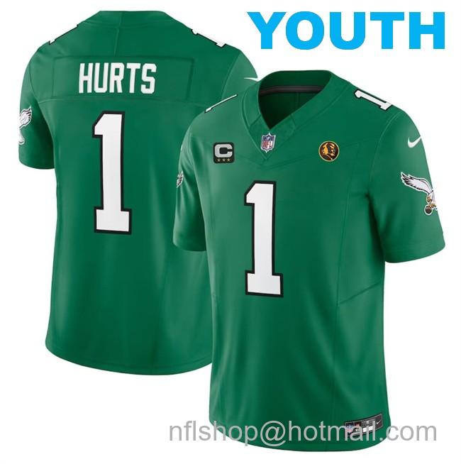 Youth Philadelphia Eagles #1 Jalen Hurts Green 2023 F.U.S.E. Throwback With 3-Star C Patch And John Madden Patch Vapor Limited Stitched Football Jersey