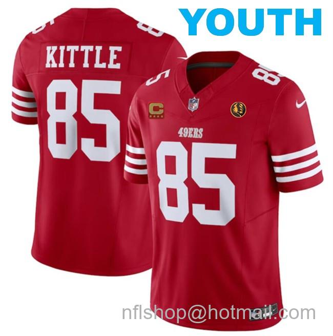 Youth San Francisco 49ers #85 George Kittle Red 2023 F.U.S.E. With 4-Star C Ptach AndJohn Madden Patch Vapor Limited Stitched Football Jersey