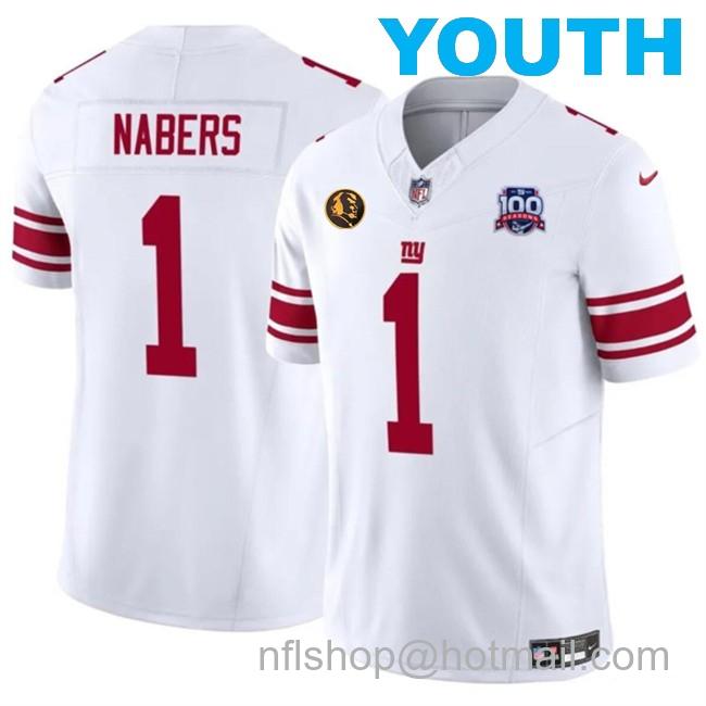 Youth New York Giants #1 Malik Nabers White 2024 Draft F.U.S.E. With John Madden Patch And 100TH Season Patch Vapor Untouchable Limited Stitched Jersey