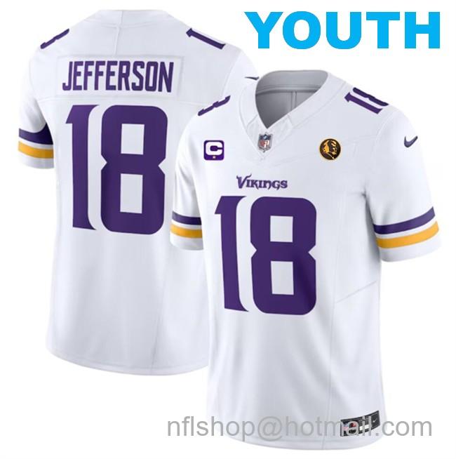 Youth Minnesota Vikings #18 Justin Jefferson White 2023 F.U.S.E. With 1-Star C Patch And John Madden Patch Vapor Limited Stitched Football Jersey