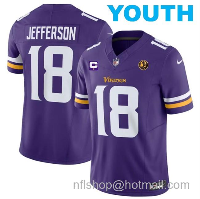 Youth Minnesota Vikings #18 Justin Jefferson Purple 2023 F.U.S.E. With 1-Star C Patch And John Madden Patch Vapor Limited Stitched Football Jersey