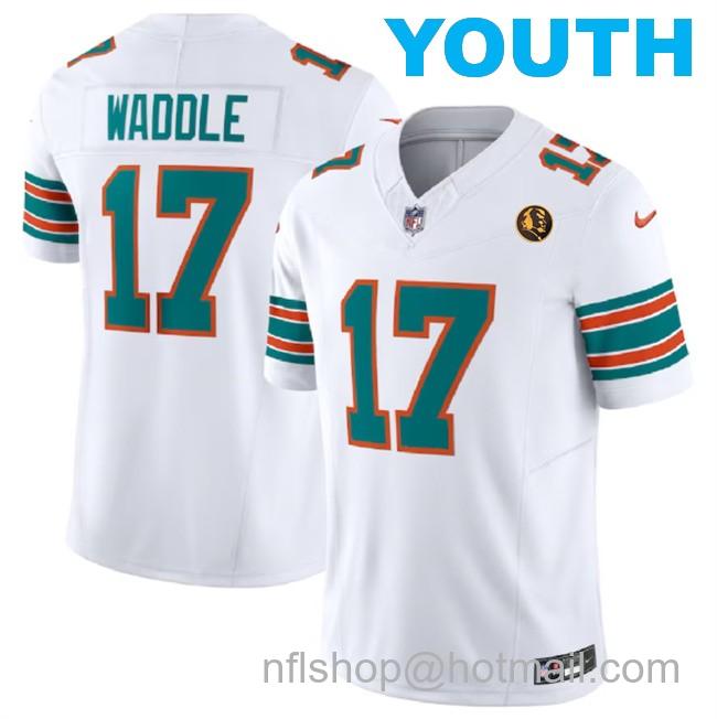 Youth Miami Dolphins #17 Jaylen Waddle White 2023 F.U.S.E. Alternate With John Madden Patch Vapor Limited Stitched Football Jersey