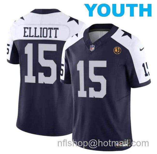 Youth Dallas Cowboys #15 Ezekiel Elliott Navy 2023 F.U.S.E. With John Madden Patch Thanksgiving Vapor Limited Stitched Football Jersey