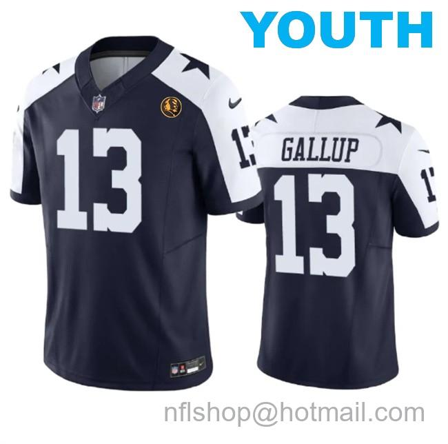 Youth Dallas Cowboys #13 Michael Gallup Navy 2023 F.U.S.E. With John Madden Patch Thanksgiving Vapor Limited Stitched Football Jersey