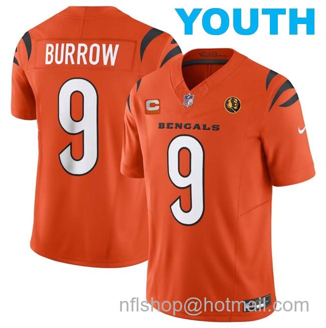 Youth Cincinnati Bengals #9 Joe Burrow Orange 2023 F.U.S.E. With 4-Star C Patch And John Madden Patch Vapor Limited Stitched Football Jersey