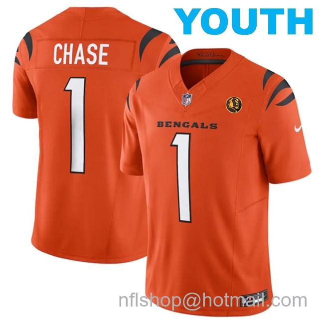 Youth Cincinnati Bengals #1 Ja'Marr Chase Orange 2023 F.U.S.E. With John Madden Patch Vapor Limited Stitched Football Jersey