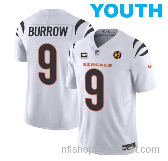 Youth Cincinnati Bengals #9 Joe Burrow White 2023 F.U.S.E. With 4-Star C Patch And John Madden Patch Vapor Limited Stitched Football Jersey