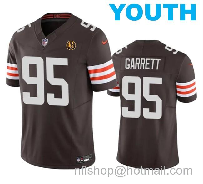 Youth Cleveland Browns #95 Myles Garrett Brown 2023 F.U.S.E. With John Madden Patch Vapor Limited Stitched Football Jersey