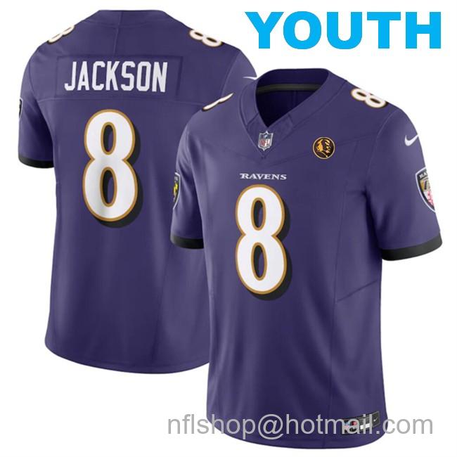 Youth Baltimore Ravens #8 Lamar Jackson Purple 2023 F.U.S.E. With John Madden Patch Vapor Limited Football Jersey