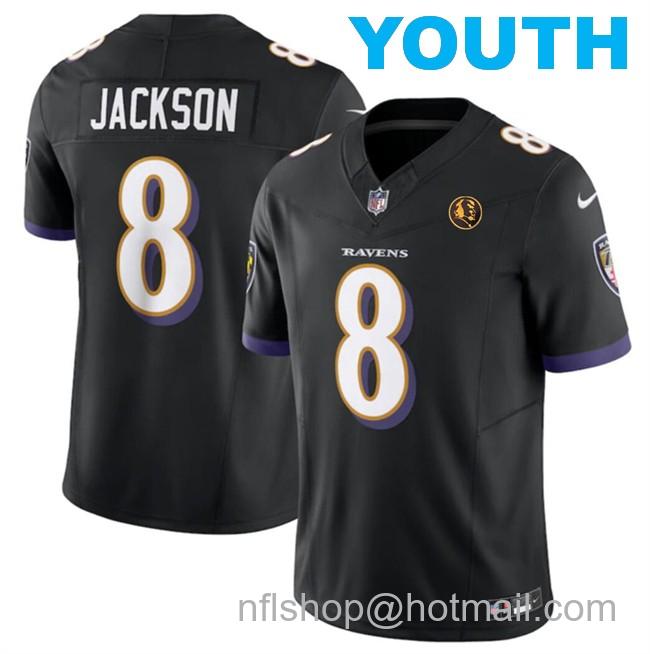 Youth Baltimore Ravens #8 Lamar Jackson Black 2023 F.U.S.E. With John Madden Patch Vapor Limited Football Jersey