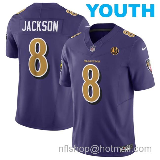 Youth Baltimore Ravens #8 Lamar Jackson Purple 2023 F.U.S.E. With John Madden Patch Color Rush Limited Stitched Football Jersey