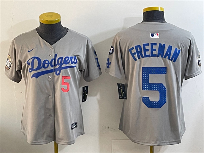 Women's Los Angeles Dodgers #5 Freddie Freeman Grey 2024 World Series With Fernando Memorial Patch Limited Stitched Baseball Jersey