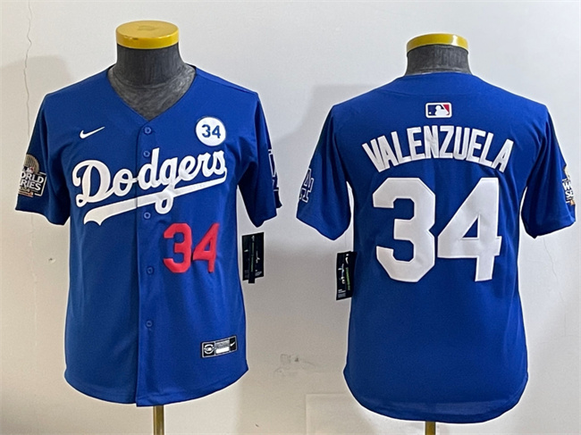 Youth Los Angeles Dodgers #34 Toro Valenzuela Royal 2024 World Series With No. 34 Patch Alternate Limited Stitched Baseball Jersey