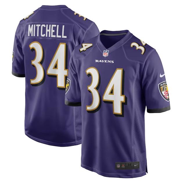 Men's Baltimore Ravens #34 Keaton Mitchel Purple Game Football Stitched Jersey