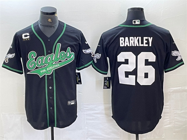 Men's Philadelphia Eagles #26 Saquon Barkley Black With 3-star C Patch Cool Base Stitched Baseball Jersey