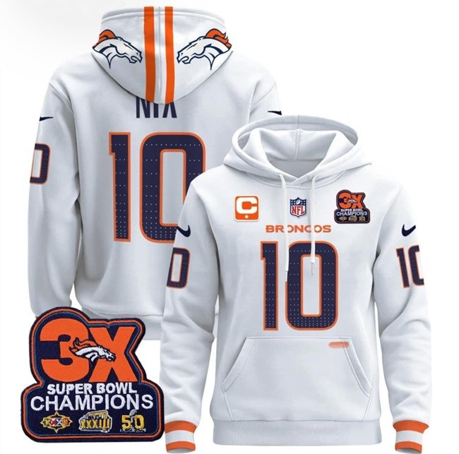 Men's Denver Broncos #10 Bo Nix White With 3-Time Champions Patch And 1-star C Patch Pullover Hoodie