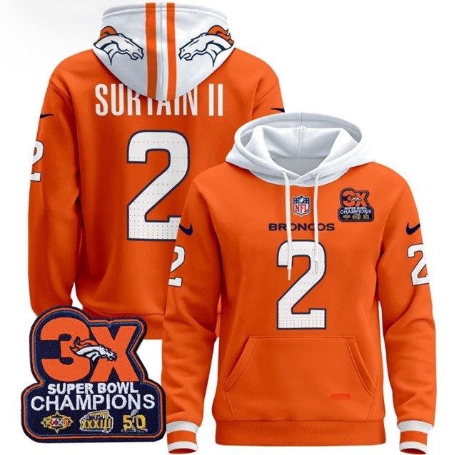 Men's Denver Broncos #2 Pat Surtain II Orange With 3-Time Champions Patch Pullover Hoodie