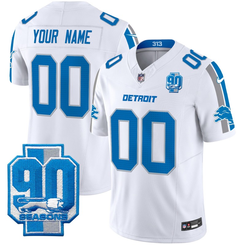 Custom Nike Men's & Youth Detroit Lions 90th Seasons Patch White 2024 F.U.S.E. Vapor Limited NFL Stitched Jersey