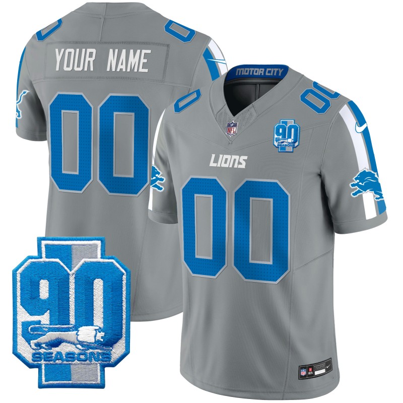 Custom Nike Men's & Youth Detroit Lions 90th Seasons Patch Gery 2024 F.U.S.E. Vapor Limited NFL Stitched Jersey