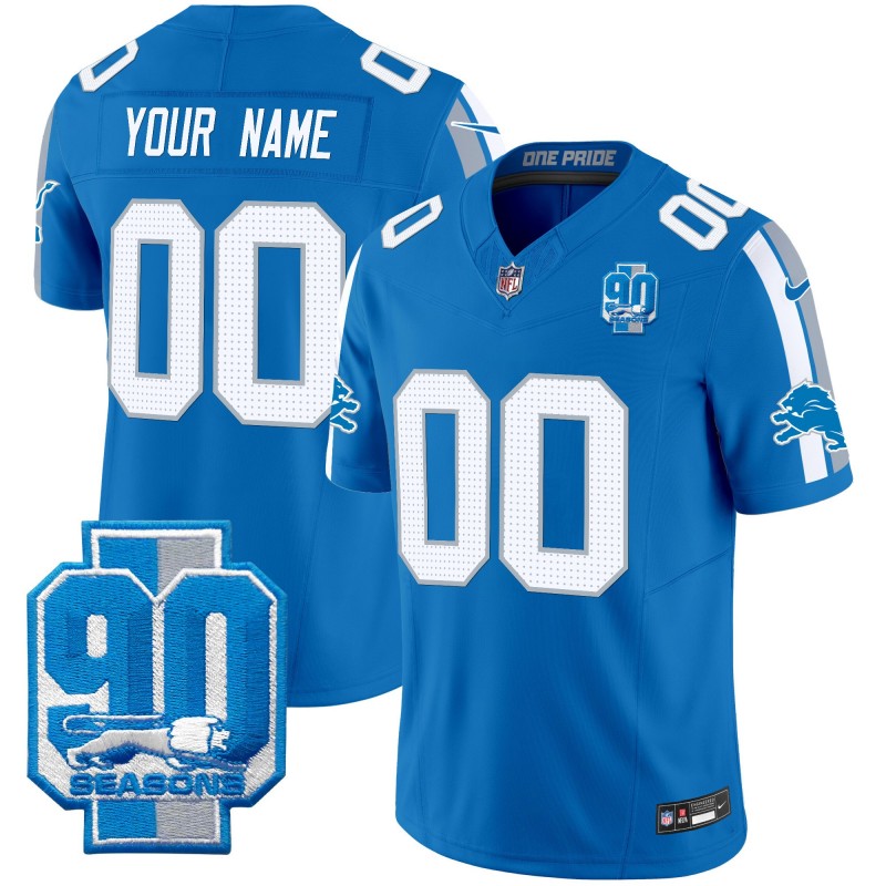 Custom Nike Men's & Youth Detroit Lions 90th Seasons Patch Blue Home 2024 F.U.S.E. Vapor Limited NFL Stitched Jersey