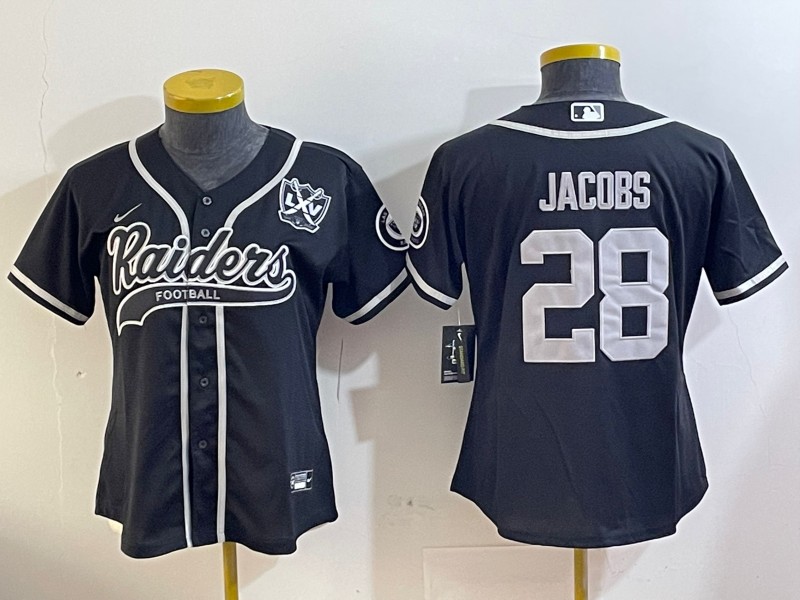 Youth Las Vegas Raiders #28 Josh Jacobs Black With 65th Anniversary Patch Cool Base Stitched Baseball Jersey