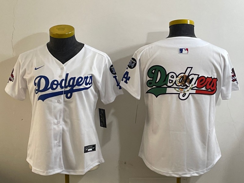 Women's Los Angeles Dodgers Blank White 2024 World Series Champions With Fernando Memorial Patch Home Limited Stitched Baseball Jersey Mexico(Run Small)