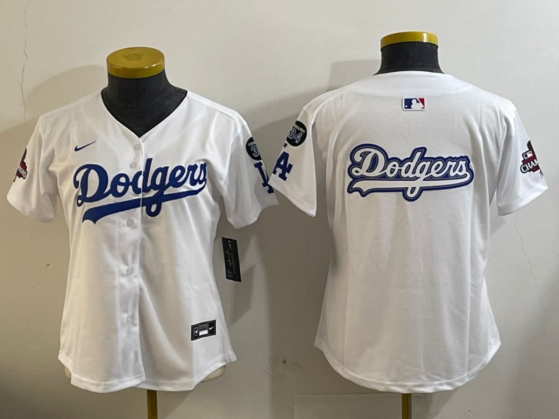 Women's Los Angeles Dodgers Blank White 2024 World Series Champions With Fernando Memorial Patch Home Limited Stitched Baseball Jerseys(Run Small)