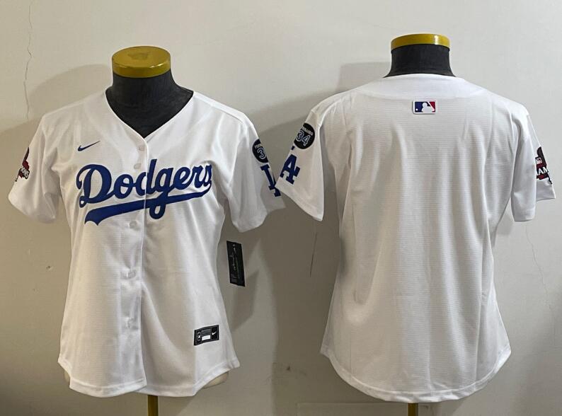 Women's Los Angeles Dodgers Blank White 2024 World Series Champions With Fernando Memorial Patch Home Limited Stitched Baseball Jersey(Run Small)