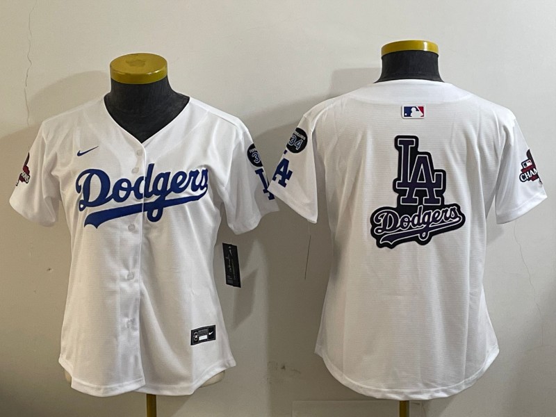 Women's Los Angeles Dodgers Blank White 2024 World Series Champions With Fernando Memorial Patch Home Limited Stitched Jersey(Run Small)