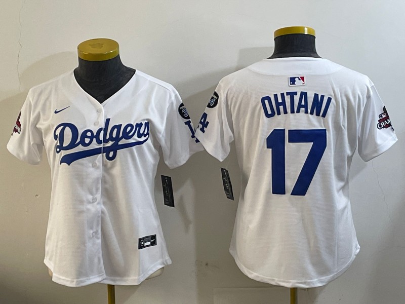 Women's Los Angeles Dodgers #17 Shohei Ohtani White 2024 World Series Champions With Fernando Memorial Patch Home Limited Stitched Baseball Jerseys(Run Small)