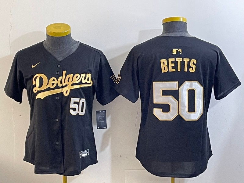 Women's Los Angeles Dodgers #50 Mookie Betts Black Gold Limited Stitched Baseball Jersey