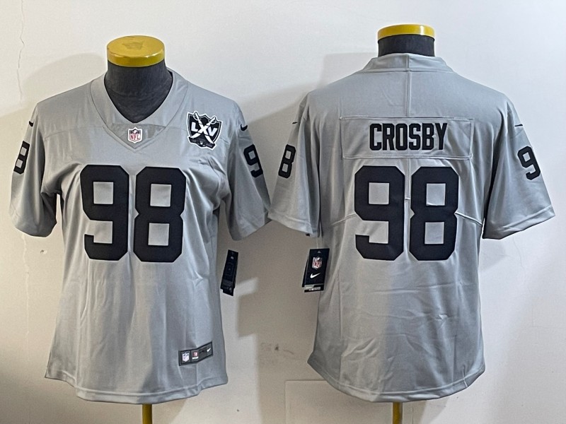 Women's Las Vegas Raiders #98 Maxx Crosby Grey With 65th Patch Nike Vapor Limited Stitched NFL Jersey