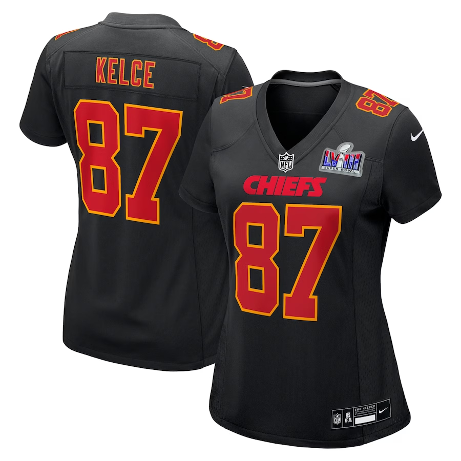 Women's Kansas City Chiefs #87 Travis Kelce Black Nike Super Bowl LVIII Carbon Fashion Game Player Football Stitched Jersey